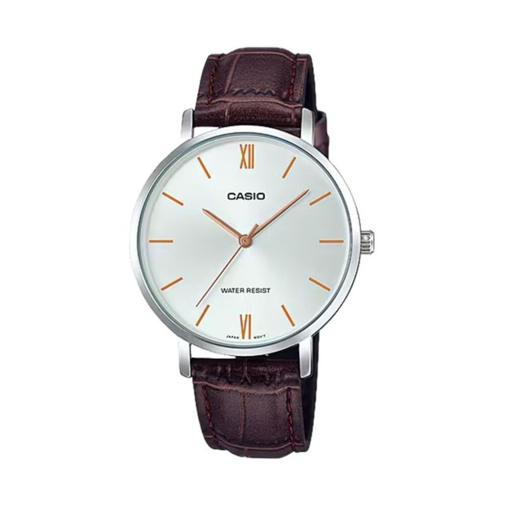 Casio Women’s Silver Dial Brown Leather Strap Watch – LTP-VT01L-7B2UDF